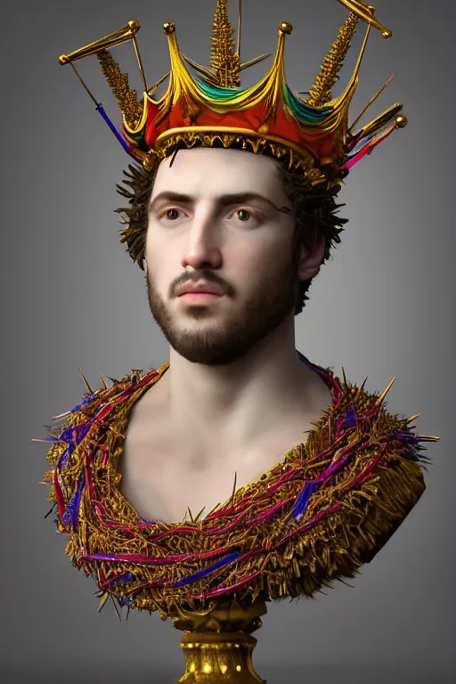 Image similar to a realistic porcelain full-head baroque style bust of handsome young Spanish brunette prince with a spiky hair and a crown made of colored pipecleaners, suspended in outer space, photorealism, octane render, depth of field, 8k, 35mm, artgem, Trending on artstation, padding above head