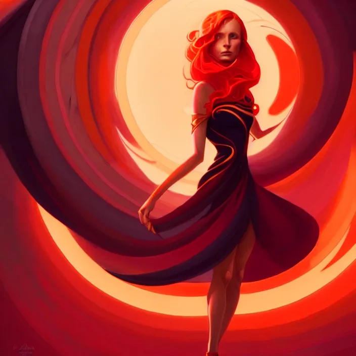 Image similar to style artgerm, joshua middleton, peter mohrbacher, beautiful kristen bell with dark red dress, very long orange hair, symmetrical face, symmetrical eyes, fire powers fire swirling, detailed, volcano setting, cinematic lighting