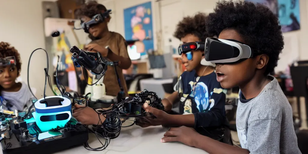 Prompt: a black boy kid using a diy vr glasses arduino, a black girl kid scientist is constructing a robot in the background, futuristic, cyberpunk, xenomorphic