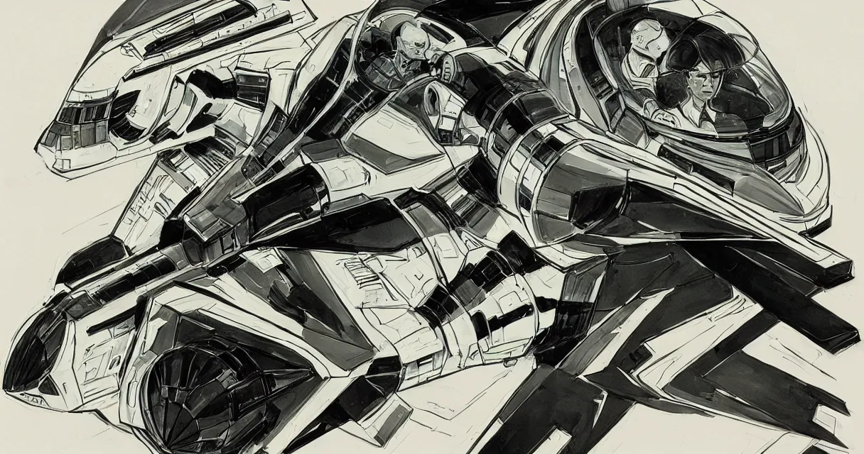 Prompt: concept sketches for a retro science-fiction space fighter Syd Mead