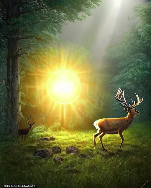 Prompt: a large potato shooting a deer in the woods with sun high above and cloudy, ultra realistic, concept art, intricate details, highly detailed