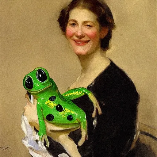 Image similar to a painting of a smiling lady with her giant pet frog, by john singer sargent,