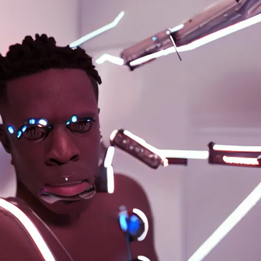 Image similar to a cinematic film still of rapper unotheactivist as a cybernetic cyborg, cgi, surrealism, glowing, studio photography