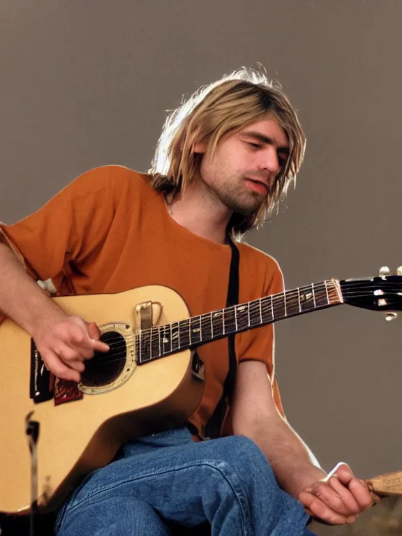 Image similar to 4K HD, high detail photograph, shot with Sigma f/ 4.2 , 250 mm sharp lens, overlap perspective, shallow depth of field : (subject= Kurt Cobain + subject detail= guitar, accurate body features, consistent, high detailed light refraction , high level texture render)