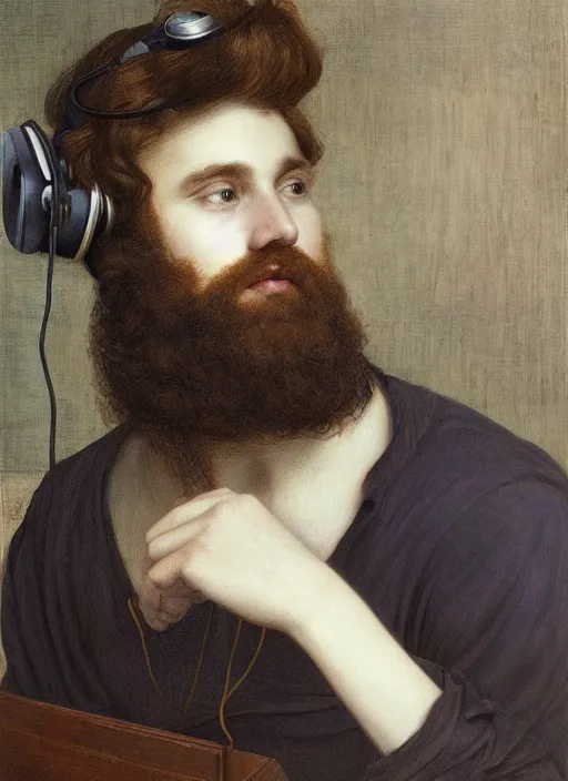 Image similar to Pre-Raphaelite portrait of a young beautiful brown-haired bearded male sitting in office wearing vr-headset