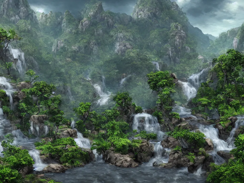 Prompt: Fantasy world with mountains in the background and waterfall with river on the bottom, on the right dense jungle forest, on the left ancient city with many bridges, highly detailed, matte painting, wide lens, overcast sky, ultra realistic, 4k, 8k resolution, trending on artstation, octane render, unreal engine, cinematic