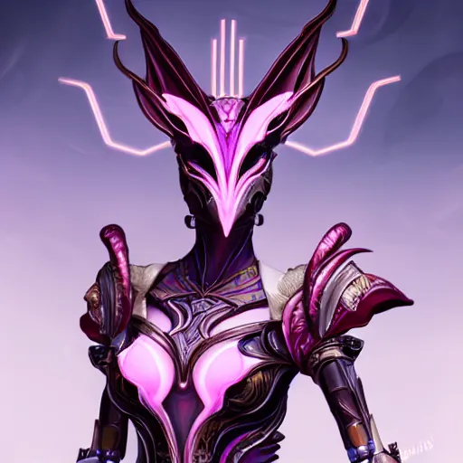 Image similar to highly detailed exquisite fanart, of a beautiful female warframe, but as a stunning anthropomorphic robot female dragon, robot dragon head, off-white plated armor, bright Fuchsia skin, elegant pose, full body shot, epic cinematic shot, realistic, professional digital art, high end digital art, DeviantArt, artstation, Furaffinity, 8k HD render, epic lighting, depth of field