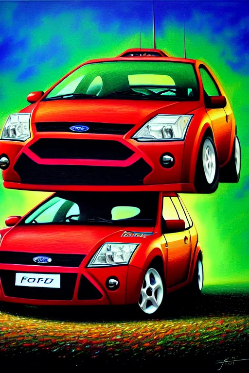 Prompt: a photorealistic painting of a ford focus by johfra bosschart, lisa frank, dark fantasy art, high detail, trending on artstation