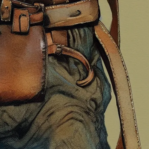 Image similar to close-up of bags attached to belt, small bags made of cotton, detail, style of Frank Frazetta, concept art, trending on artstation, Dungeon and Dragons