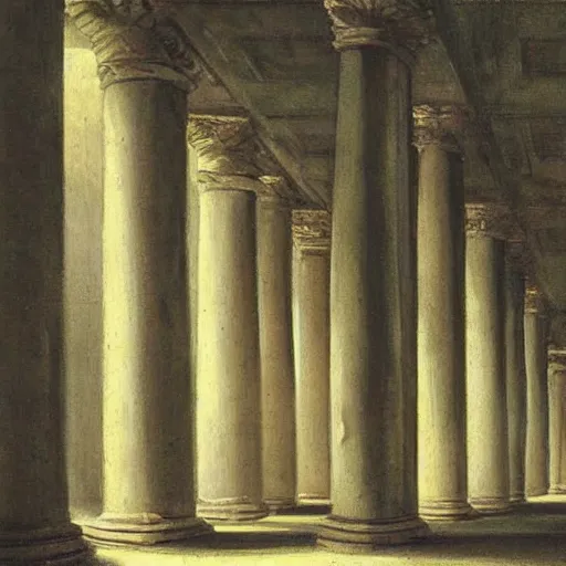 Prompt: painting of a scifi ancient civilzation victorian empty room with pillars, hubert robert