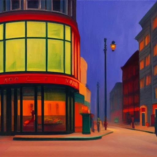 Image similar to a moody city painting at night in the style of Edward Hopper, 4k,