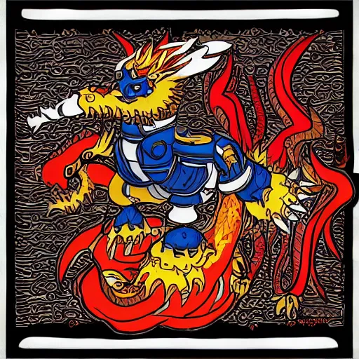 Image similar to Automaton, fire dragon spirit, Pathfinder, Robot, Overload, art by Graey Erb, full shot, pop art