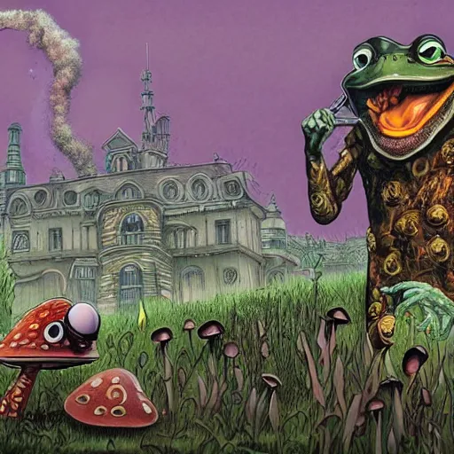 Image similar to A portrait of a scary godlike anthropomorphic frog smoking a cigarette , mushroom mansion in the background . award winning. superb resolution. in the art style of junji Ito and greg rutkowski . Detailed Mushroom city in background. Hyper realistic anime. Perfect art. Dalle2