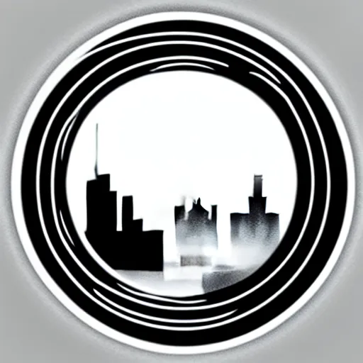 Image similar to a perfect circle, the outer edge of the circle is hugged by the silhouette of a city skyline, black and white, minimalist, in the style of a line drawing