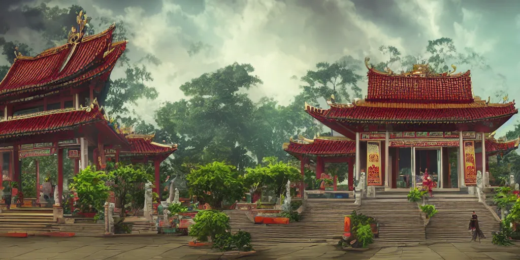 Prompt: vietnamese temple scene, 2 d game art background, sharp, detailed, intricate, game level design, cinematic lighting, trending on artstation, in style of vinodh sivaraja and lam manh, not isometric, not overhead, no people