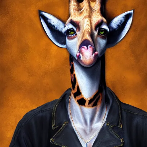 Image similar to Beautiful portrait digital painting, oil painting, anthro anthropomorphic giraffe androgynous , at a lake anarchist anarcho-punk Punk Punk outfit. furaffinity, artstation