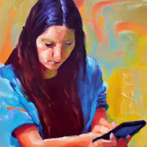 Image similar to a vivid impressionistic painting of a bored woman, she is holding a smartphone, oil on canvas, trending on artstation