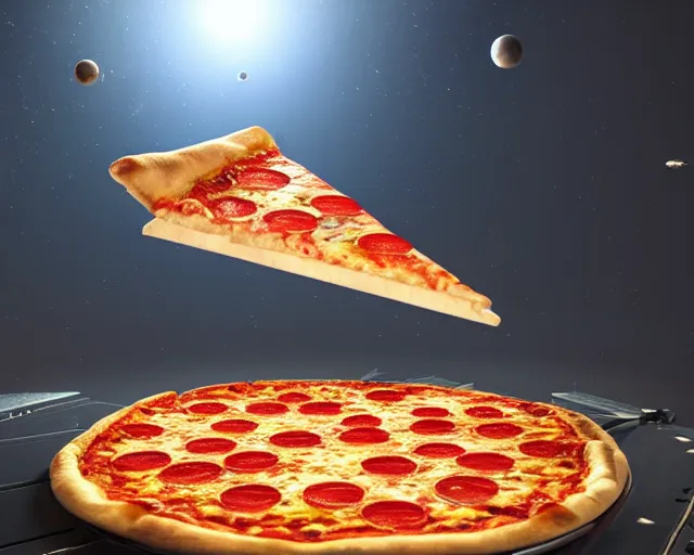 Prompt: a slice of pizza in orbit over a single planet space super star destroyer ship starwars 3 d render starwars clonewars 4 k atmospheric cinematic shot octane render high definition