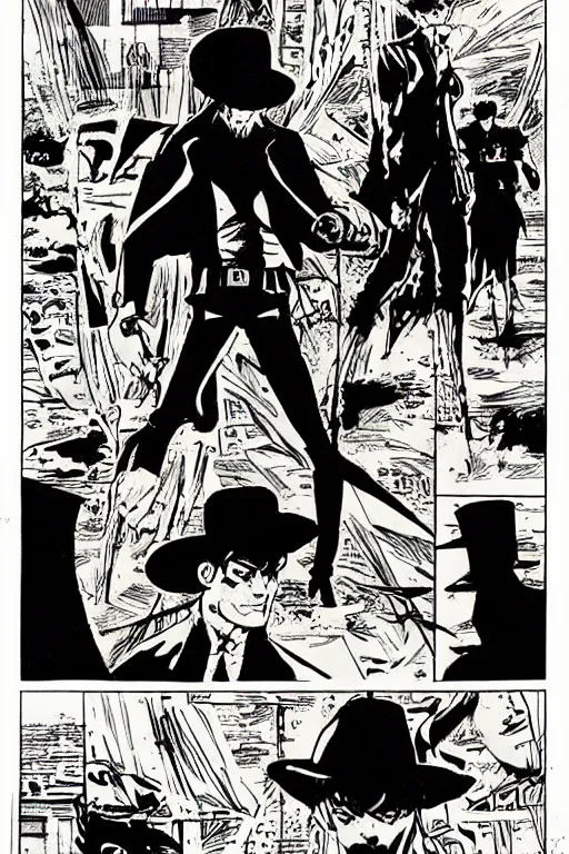 Prompt: sandman vs corto maltese, comic book page, art by hugo pratt