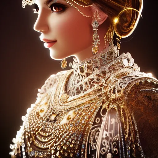 Image similar to portrait of pretty princess with perfect skin, glowing, ornate and intricate diamond jewelry, jaw dropping beauty, ornate and intricate backdrop, white accent lighting, hyper detailed, 4 k octane render