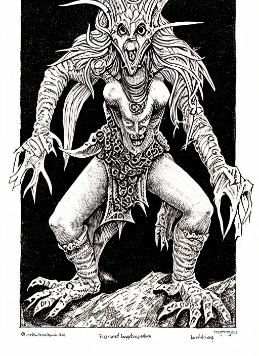 Image similar to cait sidhe as a d & d monster, full body, pen - and - ink illustration, etching, by russ nicholson, david a trampier, larry elmore, 1 9 8 1, hq scan, intricate details, inside stylized border