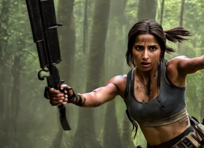 Image similar to film still of!!!! naomi scott!!! as lara croft in new tomb raider movie, 8 k