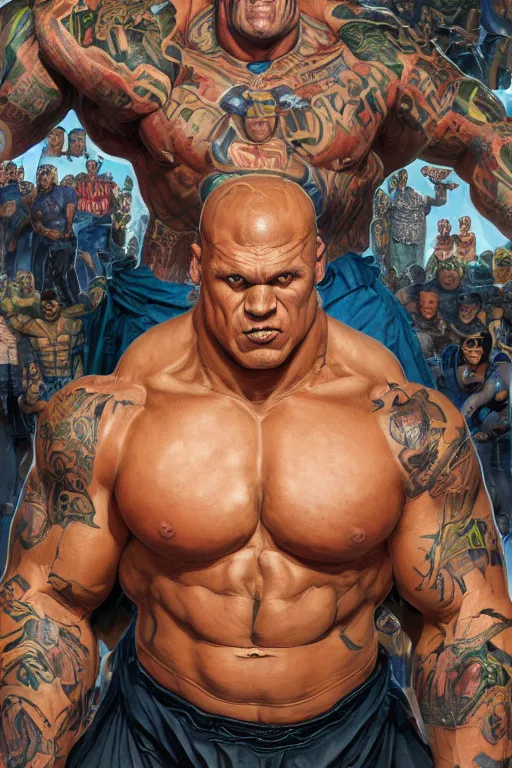 Image similar to upper body and head portrait of huge hulking absurdly muscular martyn ford as marvel character wearing shirt and pants against simple background by alex ross and jack kirby and sergey kolesov and jason fabok and lawrence alma tadema and norman rockwell and greg staples, photoreal, cinematic, 4 k, high detail