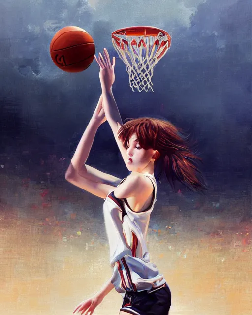 Image similar to A ultradetailed beautiful panting of a stylish girl dunking a basketball, Oil painting, by Ilya Kuvshinov, Greg Rutkowski and Makoto Shinkai