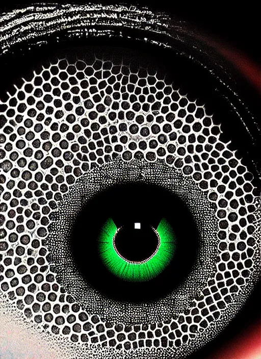 Image similar to macro human eyes!, black centered dot pupil, circle iris ring, happy smiling human eyes, round iris textures, eyelashes, tired half closed, advanced art, art styles mix, from wikipedia, wet eye relections, hd macro photograph, montage of grid shapes