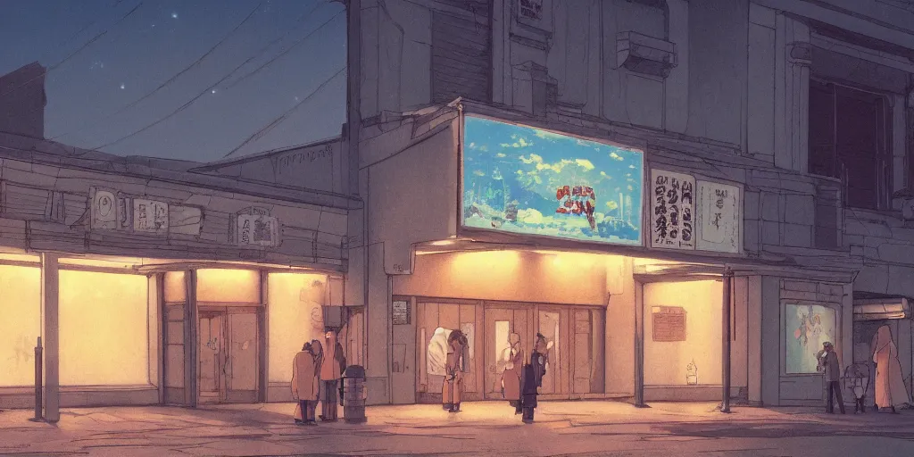 Image similar to loitering outside the old cinema, evening, hayao miyazaki, artstation