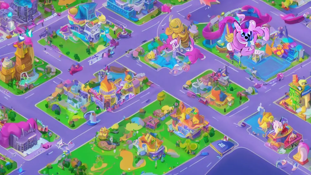 Prompt: Isometric view of Manehattan, screenshot from Hasbro\'s newest mobile game based on My Little Pony: Friendship is Magic