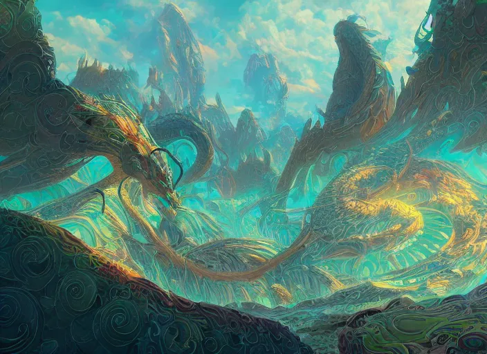 Image similar to psychedelic concept art of a dragon landscape made of thousands of spiraling dragons, cel shaded, in the style of makoto shinkai and moebius and peter mohrbacher and anton fadeev