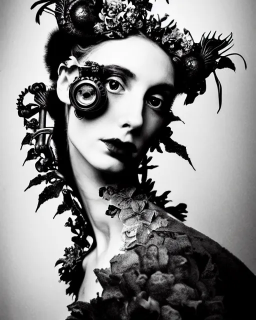 Image similar to a black and white high quality dreamy photo of a young beautiful female queen-pale dragon-vegetal-many big steampunk flowers-cyborg bust with a very long neck, elegant, highly detailed, poetic, soft, dreamy, mysterious, high fashion, in the style of Diane Arbus, Realistic, Refined, Digital Art, Highly Detailed, Cinematic Lighting, rim light, black and white, photo-realistic, 8K
