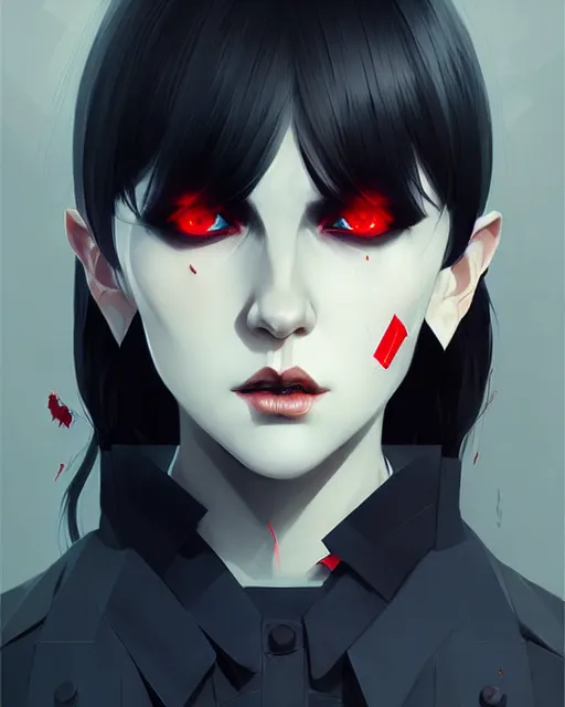 Image similar to sharp hq rendering, dark vampire, character portrait, concept art, painterly, fanart, highly detailed in the style of wlop by ilya kuvshinov, wenjun lin, angular geometric symmetrical design