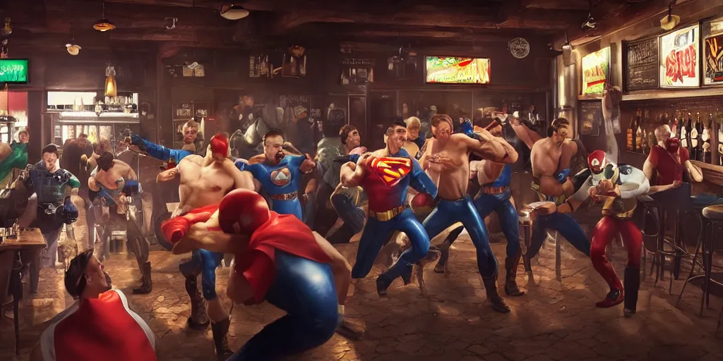 Prompt: a bar fight inside a pub between costumed super heroes, 4k, hyperrealism, photorealistic, crisp details, wide angle lens, octane render, caustics