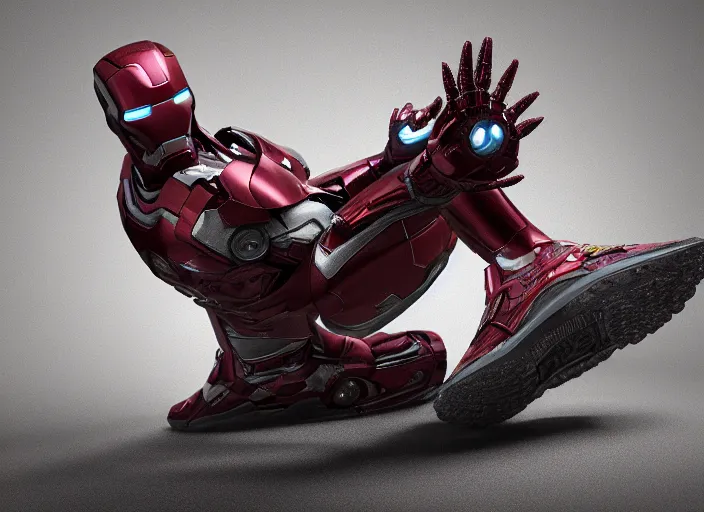 Image similar to sneakers of iron man by tim burton, view from the side, render, cinema 4 d, octane render