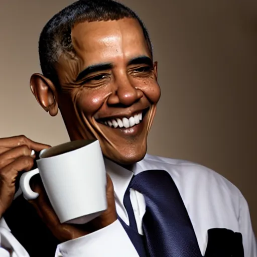 Image similar to Obama with Down Syndrome holding a cup of coffee, 4k