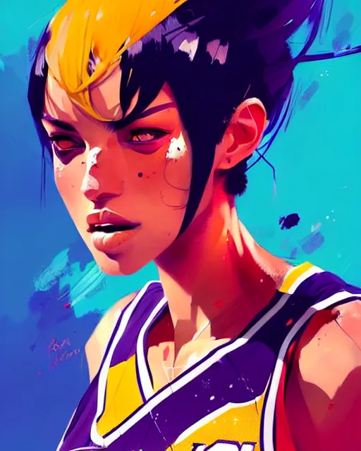 Image similar to a ultradetailed beautiful panting of a stylish woman in a lakers jersey, by conrad roset, greg rutkowski and makoto shinkai, trending on artstation