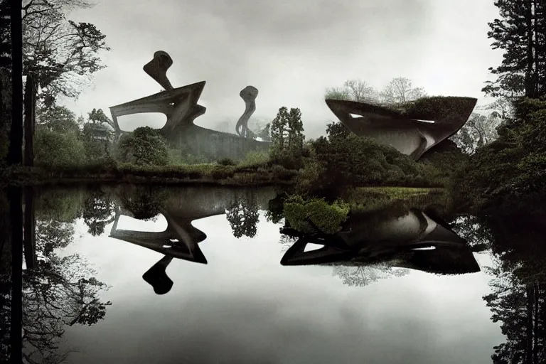 Image similar to an brutalist spaceship forming from a lake surrounded by trees, serene vast landscape, tentacles rising from the water, rainy day, beautiful lighting, high depth, ultra realistic, artistic, by annie leibovitz