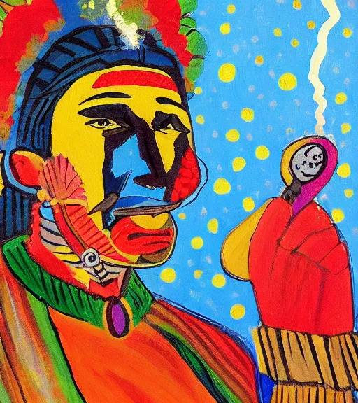 Image similar to Painting of a shaman dressed in a colorful traditional clothes. He is smoking a pipe. From the pipe there is a whole universe escaping and filing the sky