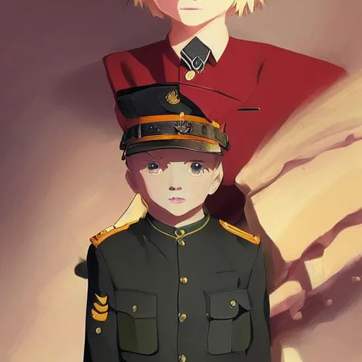 Image similar to portrait of blonde little boy wearing nazi uniform by ilya kuvshinov and anna dittmann and studio ghibli and wlop and rossdraws, digital art, trending on artstation, anime arts, featured on pixiv, red lighting, hd, 8 k, highly detailed, good lighting, beautiful, epic, masterpiece, nazi chiq