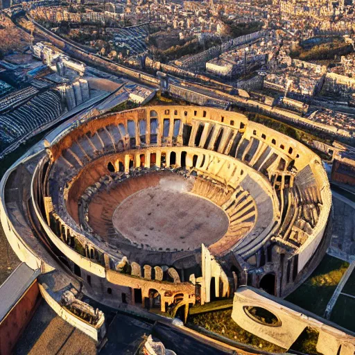 Image similar to the roman colosseum designed by zaha hadid, overhead view, golden hour, 4K Photograph