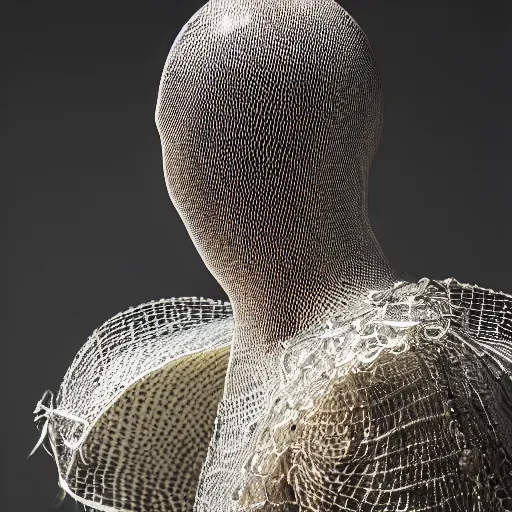 Image similar to a portrait of a beautiful young male wearing an alexander mcqueen armor made of net , photographed by andrew thomas huang, artistic