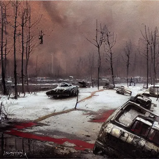 Image similar to painting by jakub rozalski of post abandoned soviet city