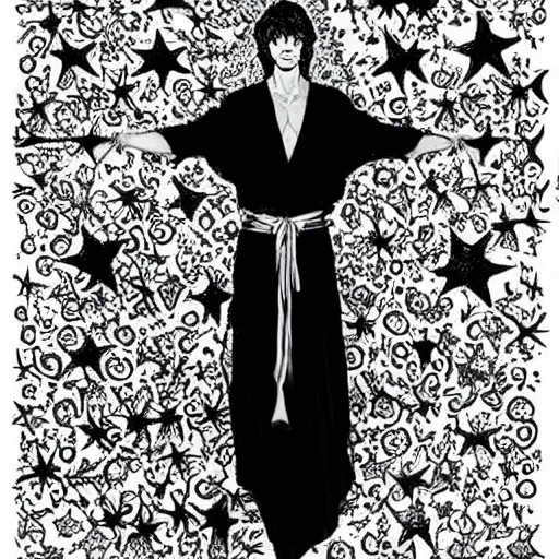 Image similar to black and white pen and ink!!!!!!! Young Guy Madison wearing cosmic space robes made of stars final form flowing royal!!! mage hair golden!!!! Vagabond!!!!!!!! floating magic swordsman!!!! glides through a beautiful!!!!!!! Camellia!!!! Tsubaki!!! death-flower!!!! battlefield behind!!!! dramatic esoteric!!!!!! Long hair flowing dancing illustrated in high detail!!!!!!!! by Moebius and Hiroya Oku!!!!!!!!! graphic novel published on 2049 award winning!!!! full body portrait!!!!! action exposition manga panel black and white Shonen Jump issue by David Lynch eraserhead and beautiful line art Hirohiko Araki!! Rossetti, Millais, Mucha, Kentaro Miura, Jojo's Bizzare Adventure!!