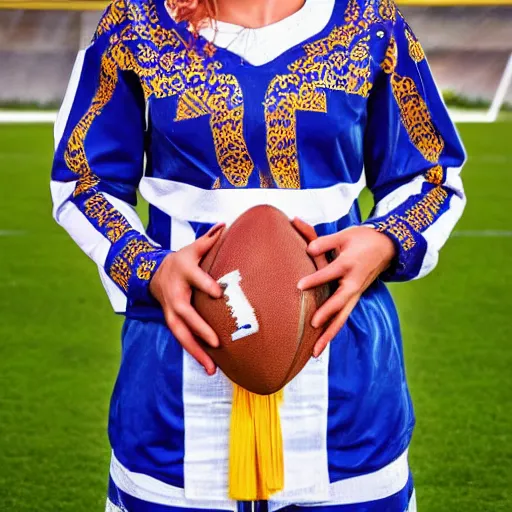 Prompt: female football player fully clothed in bulgarian traditional clothes