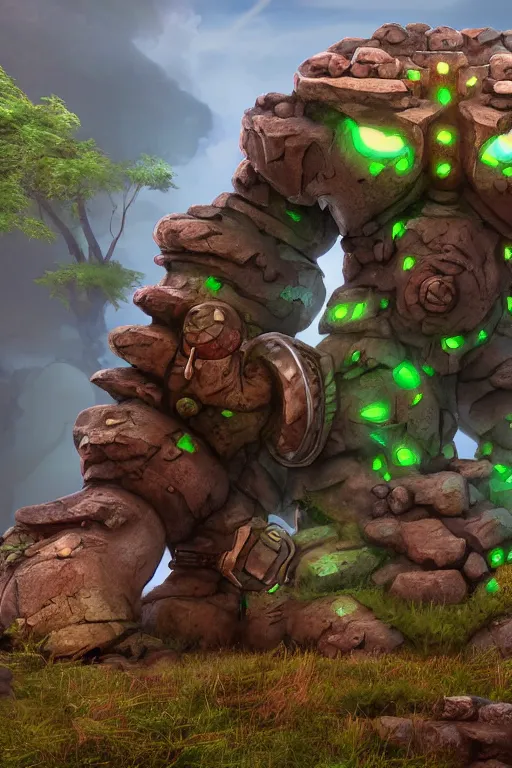 Image similar to zelda fantasy art giant golem troll wood rock greeble gemstone, global illumination ray tracing hdr fanart arstation by sung choi and eric pfeiffer and gabriel garza and casper konefal