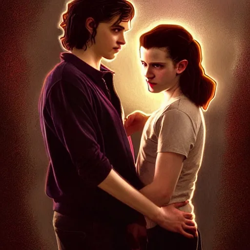 Image similar to Twilight version of Stranger Things, Portrait of Edward and Bella, diffuse lighting, fantasy, intricate, elegant, highly detailed, lifelike, photorealistic, digital painting, artstation, illustration, concept art, smooth, sharp focus, art by John Collier and Albert Aublet and Krenz Cushart and Artem Demura and Alphonse Mucha