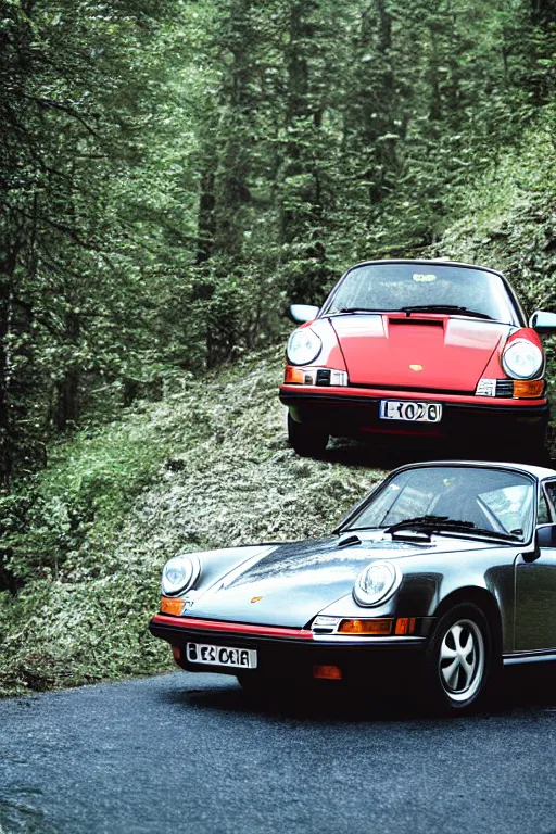 Image similar to Photo of a Porsche 911 Carrera 3.2 on a winding road through mountains and forests. Canon EOS 100, 28-80mm USM MkI, Ektachrome E100