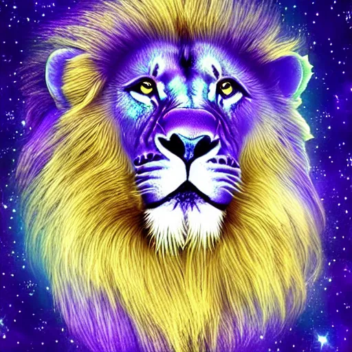Image similar to an electric purple lion in space